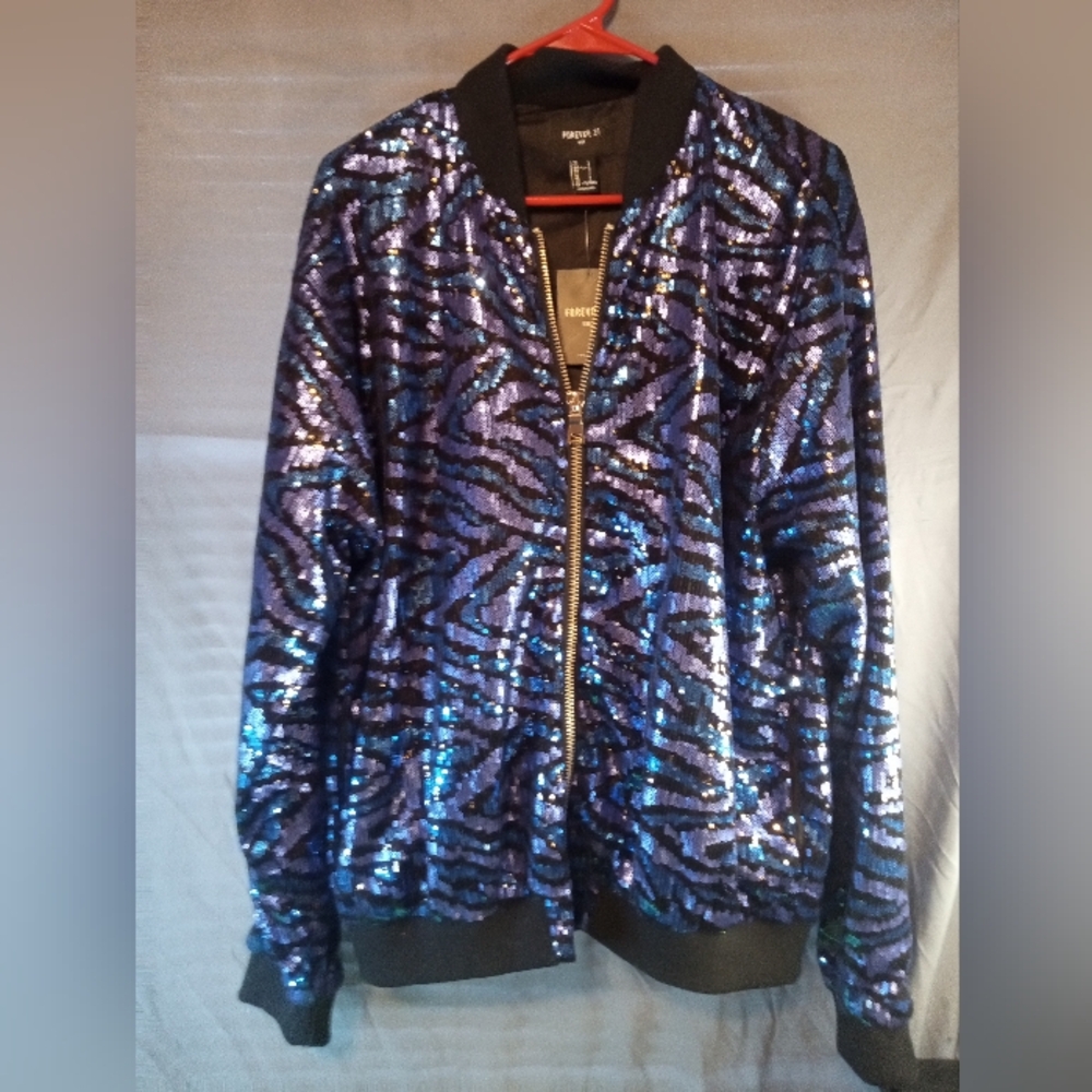 Forever 21 Brand New Sequin Bomber Jacket - Blue